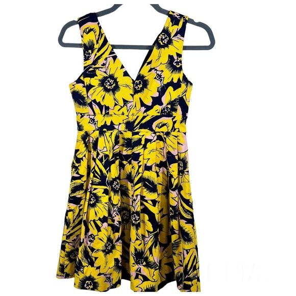 J. Crew Pique Yellow Floral Sunflower Fit & Flare  V-Neck Dress size 00 cottage - Picture 2 of 12